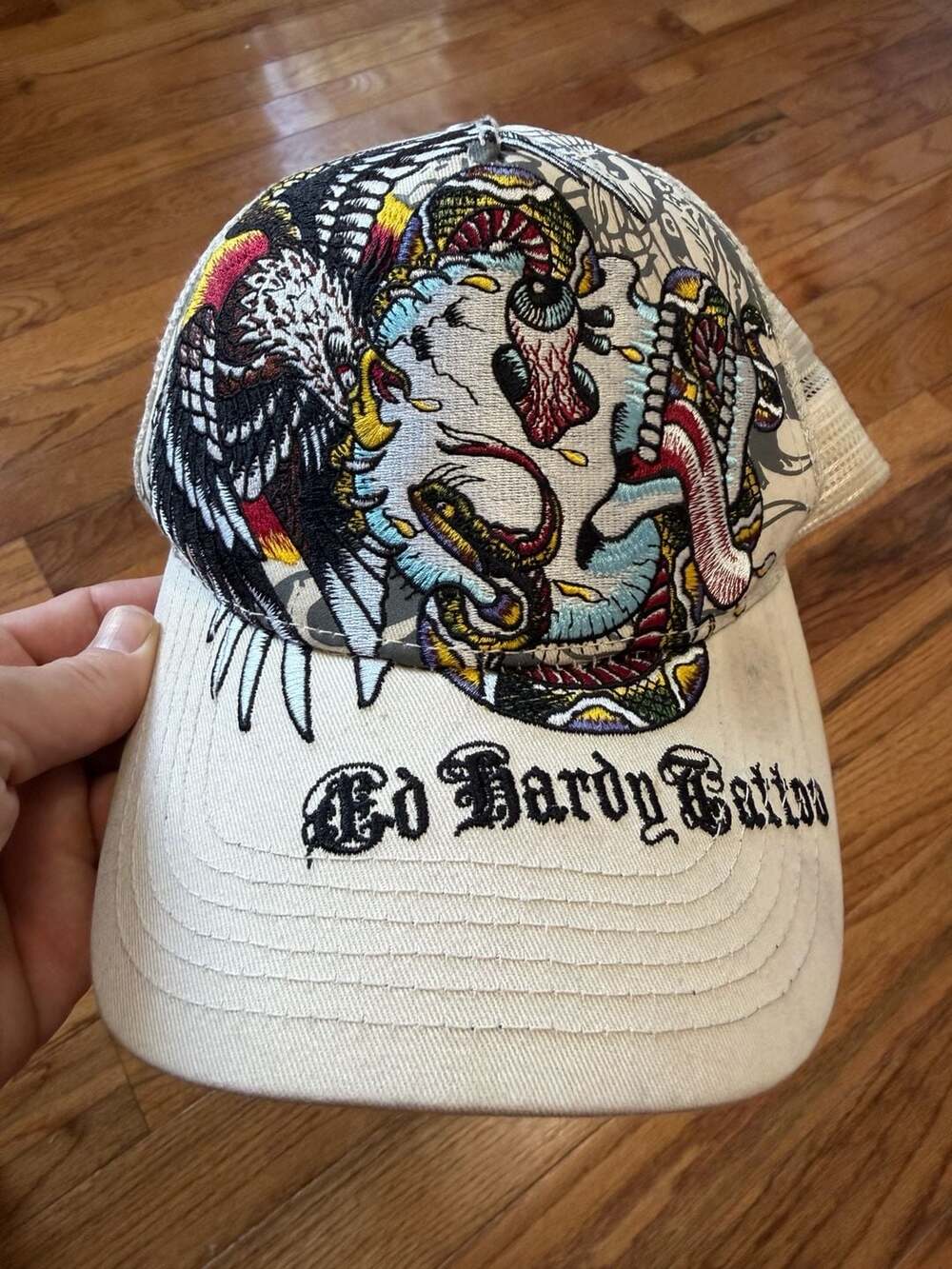 Ed Hardy Y2K Eagle Snake Tattoo Embroidered Mesh Trucker Hat Cream